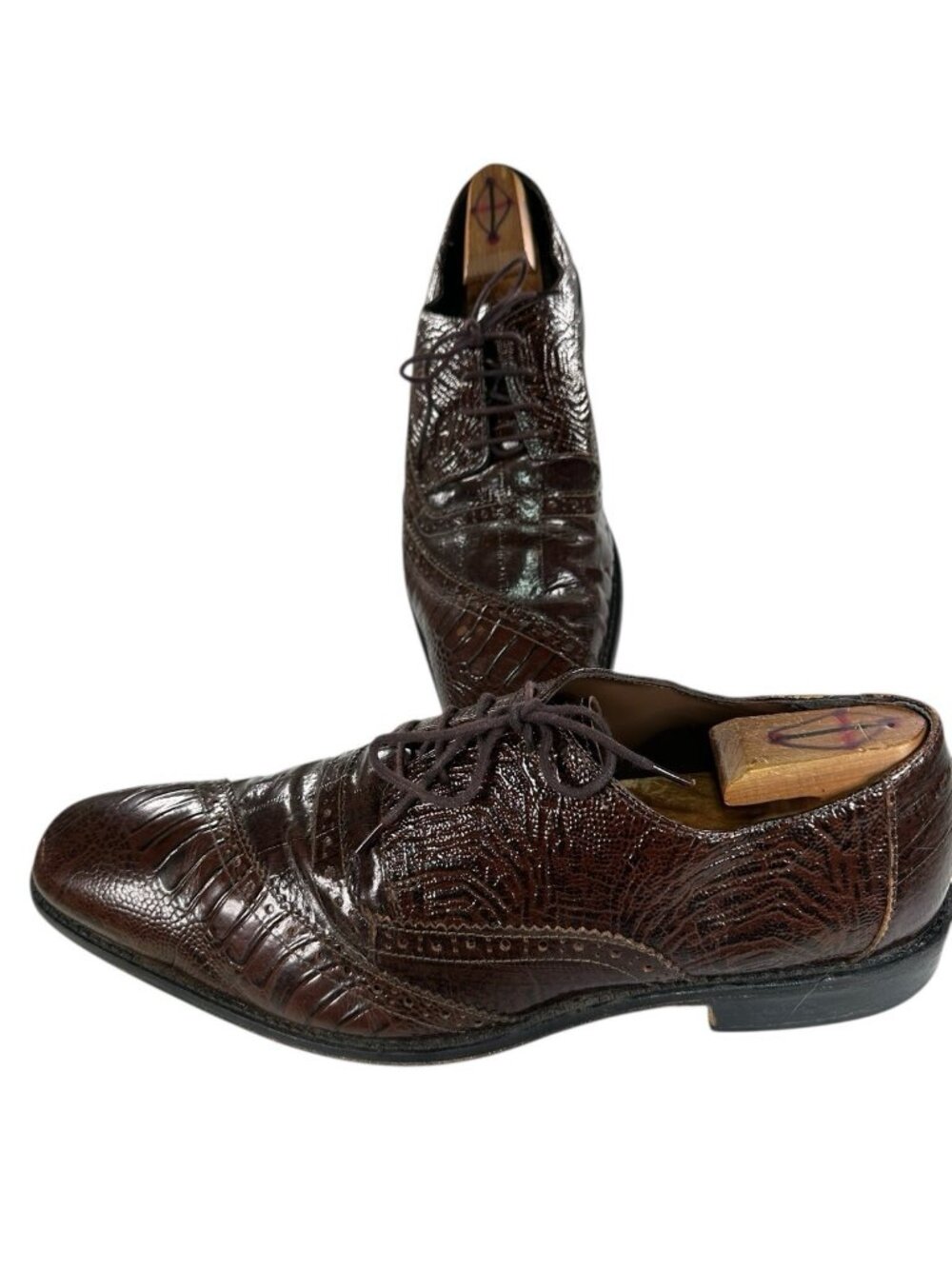 Stacy Adams Vintage Mens Brown Size 14 M Brown Leather Croc Print Dress Shoes